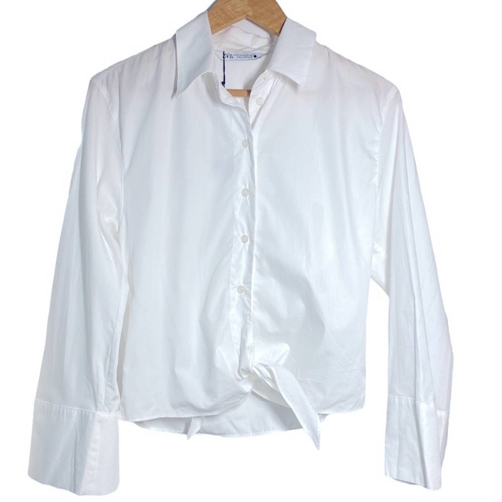 ZARA Cropped Front Tie Button Down Blouse